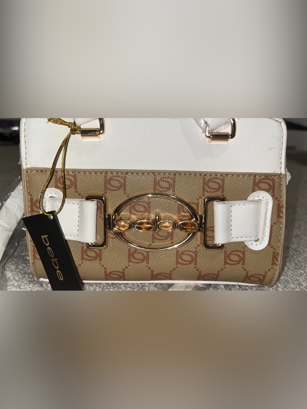 bebe Tan Signature Logo Shoulder Bag with White Trim and Gold Hardware